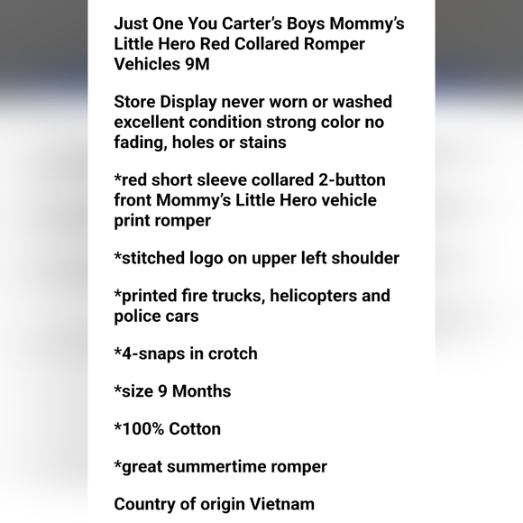 🧮6/$20 Just One You by Carter's Collared Romper Red With Firetrucks Sz. 9 mos - Picture 6 of 8